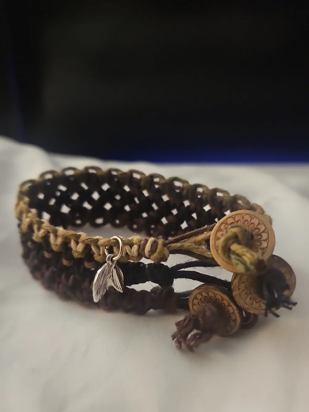 Handmade Brown and Tan Woven Hemp Bracelet with Charm